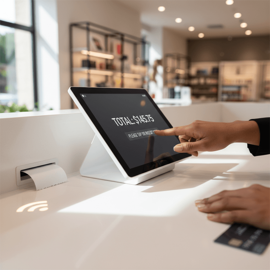 Credit card terminal on a counter with a receipt