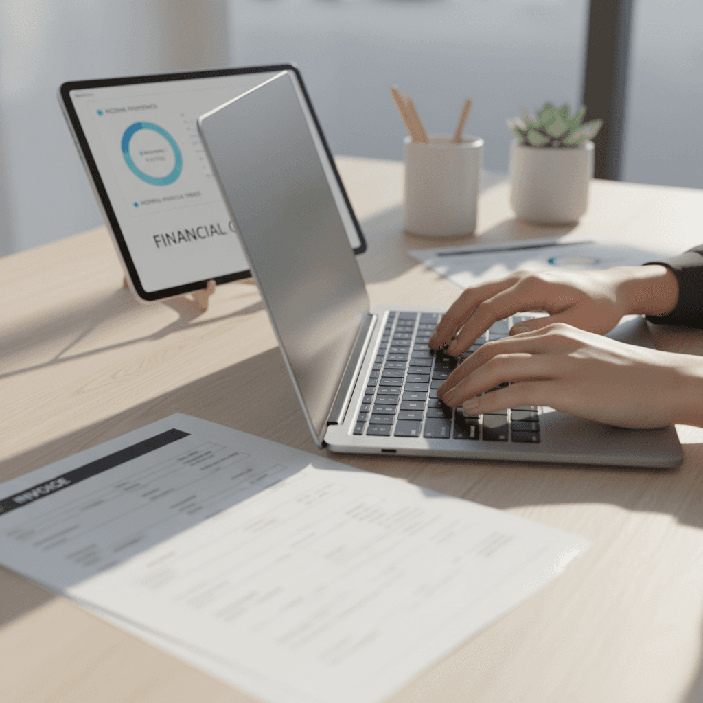 Credit card terminal and printed receipts on a clean office desk