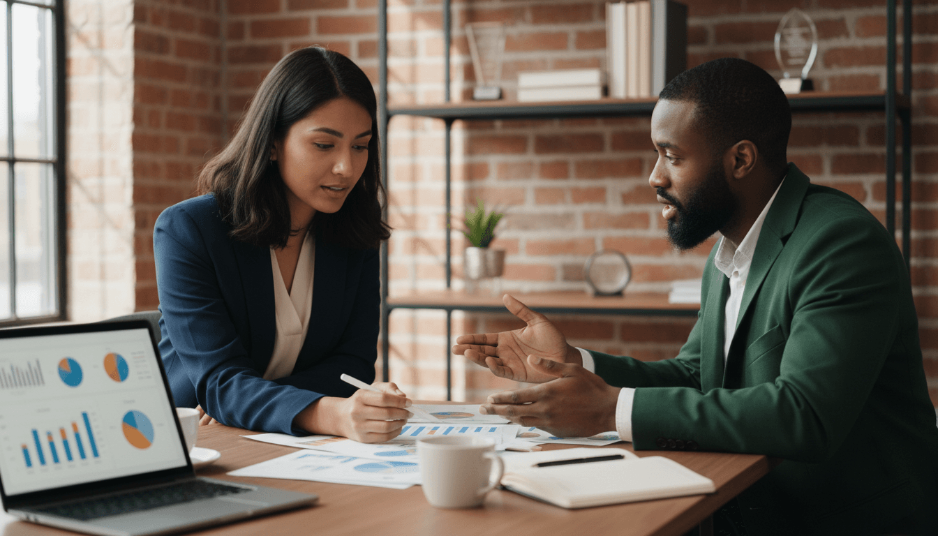 Business consultant reviewing credit card processing statements with a client in a bright Chicago office